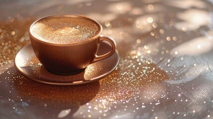 Shiny coffee with glitter Sparkling cup on neutral surface for text