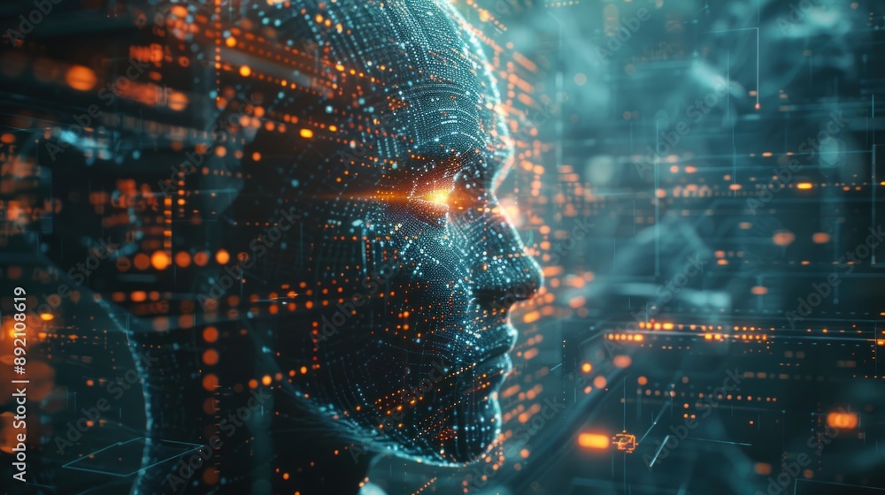 Poster abstract digital computer of a human head brain with a green background