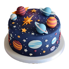 A whimsical space-themed cake featuring colorful planets and stars, perfect for a cosmic celebration or birthday party.