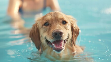 Happy Golden Retriever Swimming in Pool