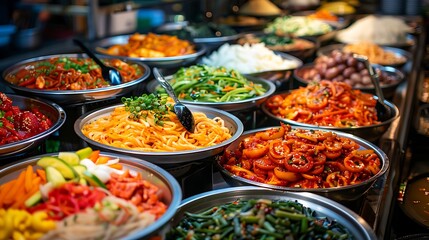 Obraz premium A vibrant festival with a variety of international food stalls 