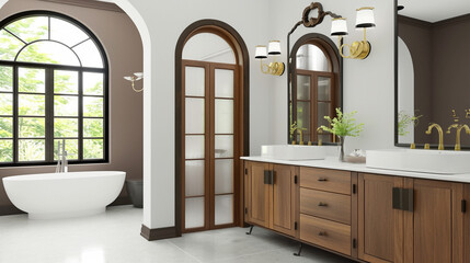 A luxurious bathroom interior featuring a modern vanity with a large mirror, elegant lighting, and stylish decor elements. The design combines minimalist and contemporary styles, creating a sophistica
