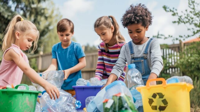 Kids learning to recycle in a schoolyard, background is clear and clean