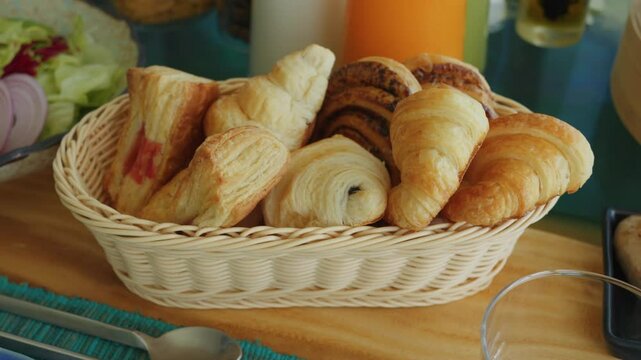 Basket of warm pastries on restaurant table close-up fresh tasty baked goods delicious crispy treats. Fresh pastries in basket restaurant table tasty crispy baked goods freshness restaurant ambiance.