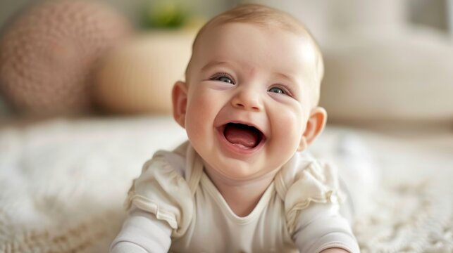 Laughing Caucasian baby crawling on the floor background is clear and clean