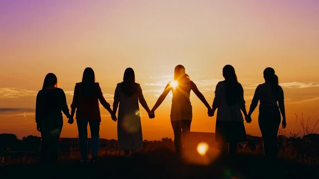 Silhouettes of people holding hands at sunset. Concept of teamwork, unity and cohesion. A friendly family relaxing, rest in nature, spends time together. Partnership and friendship.