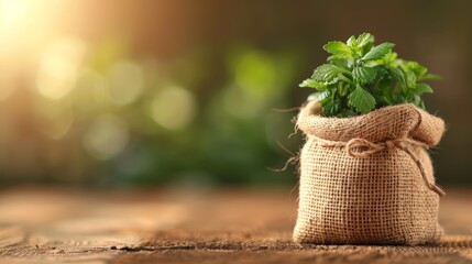 Fresh Green Plant in Burlap Sack