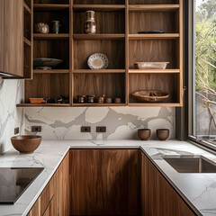 organic modern kitchen, kitchen cupboards, white veined marble worktop and backsplash and natural woods, one long wooden shelf with designer handcrafted ceramic bowls 