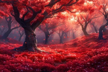 colorful flower field in the forrest in night spring meadow with flowers and tree blossom with sky in nature background