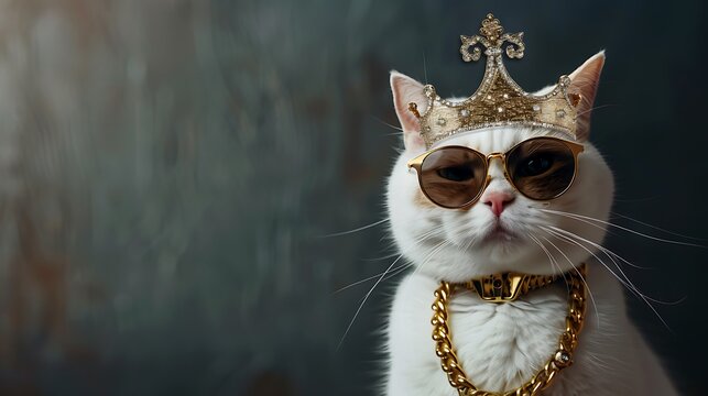 a cute white king cat wearing a golden crown a gold chain around his neck and dark glasses sits