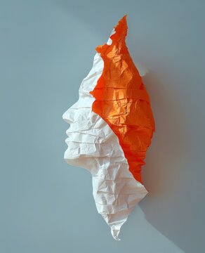 A paper sculpture of a woman's face with orange and white colors. AI.