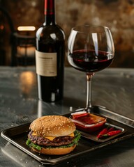 A tray with a burger and wine on it next to the glass. AI.