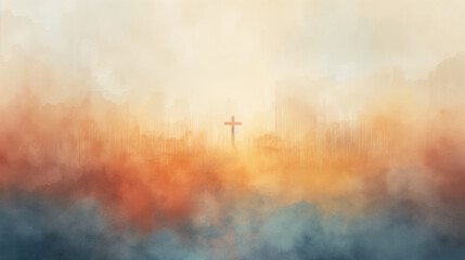 Naklejka premium A painting of a cross in a city with a blue sky