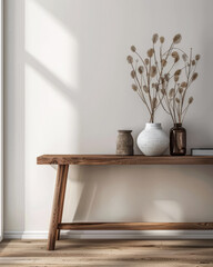Rustic interiors composition with minimal wooden furniture, natural lighting and copy space. Minimalist Rustic American interiors design composition.