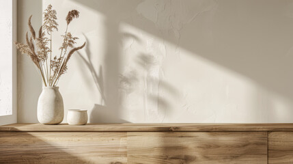 Rustic interiors composition with minimal wooden furniture, natural lighting and copy space. Minimalist Rustic American interiors design composition.