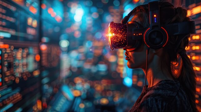 Woman wearing VR headset in futuristic server room with neon lights, experiencing virtual reality in a digital environment. - Powered by Adobe
