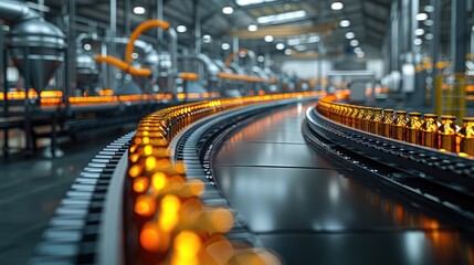 Automated beverage bottling process in a modern factory, highlighting efficient production lines with illuminated bottles moving in assembly.