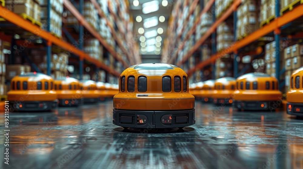 Poster automated warehouse with orange robots navigating aisles, showcasing modern logistics and advanced t