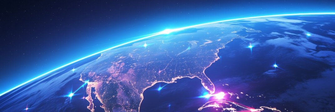 Satellite Superhighway: A Visual Journey Across America's Highways with Satellite Orbits and Communication Beams Showcasing Connectivity.