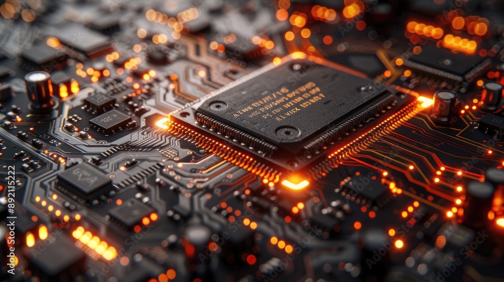Poster close-up of an illuminated microchip on a motherboard, showcasing intricate circuits and glowing con