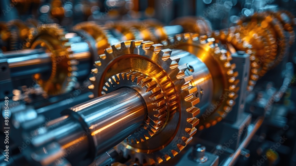 Aufkleber close-up of metallic gears in a factory setting, showcasing precision engineering and industrial mac