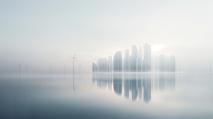 Fototapeta premium A city skyline is reflected in the water