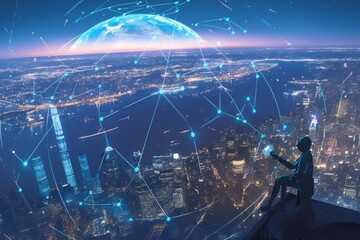 Obraz premium Futuristic Skyline of Satellites: Transforming North America's Cityscape into a Dynamic Orbital and Communication Network Display