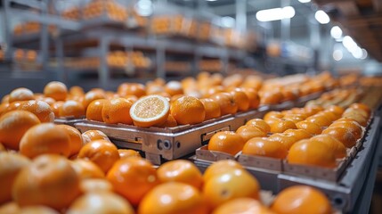 Freshly harvested oranges arranged in rows at a modern fruit processing plant. Vibrant and juicy citrus fruits ready for distribution and sale.