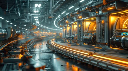 Futuristic, high-tech industrial facility illuminated with bright orange and blue lights, showcasing advanced machinery and engineering excellence.