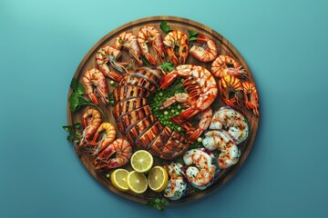 A variety of seafood is displayed on a wooden cutting board, including shrimp