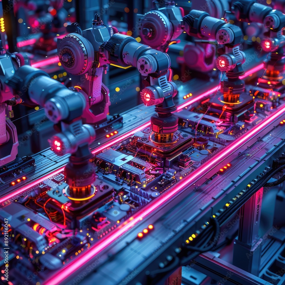 Poster futuristic robotic arms working on a high-tech assembly line with vibrant neon lights, illustrating 