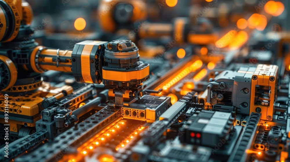 Poster futuristic robotic assembly line with glowing lights and advanced machinery in a high-tech industria