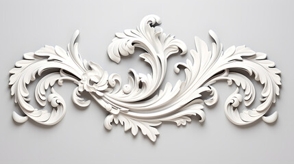 3D illustration of white decorative relief beautiful detailed ornament with acanthus leaves decoration in baroque style isolated on white background