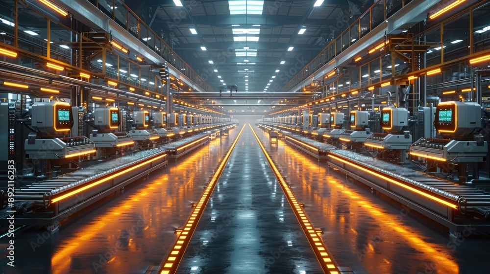 Poster high-tech automated manufacturing factory with rows of machinery and glowing lights illuminating the