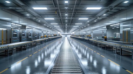Fototapeta premium Spacious modern factory interior with advanced machinery and clean design, perfect for showcasing industrial and technological environments.