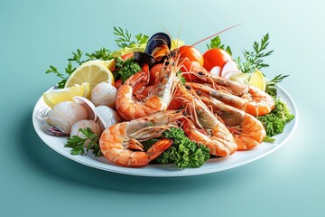 A plate of seafood with shrimp, scallops, and other seafood