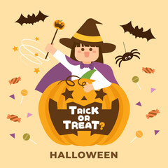 Halloween illustration. Trick or Treat. A cute witch standing behind a big pumpkin doing magic. Illustration contains little witch, grimace pumpkin, spider, candy and bat.