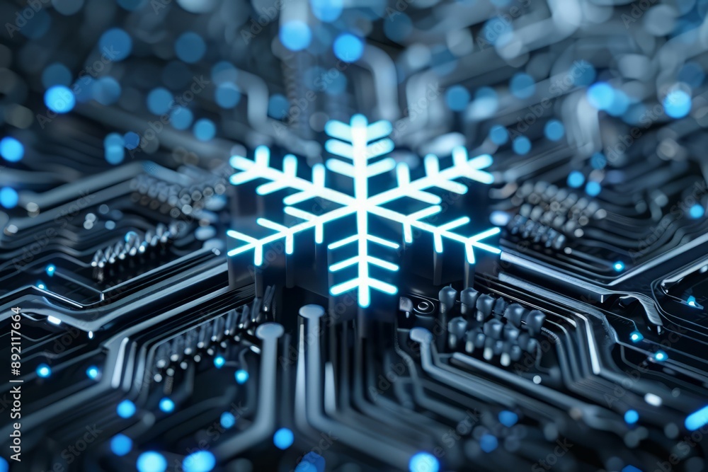 Poster a glowing snowflake icon on a circuit board, representing technology and winter.