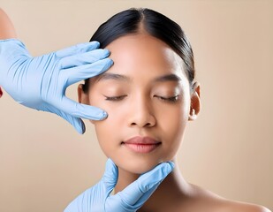 Surgeon touching woman nose, consulting before rhinoplasty operation on beige background
