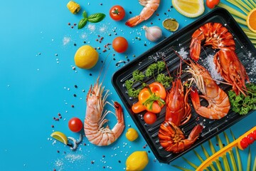 A plate of seafood with shrimp, scallops, and other seafood