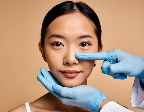 Surgeon touching woman nose, consulting before rhinoplasty operation on beige background