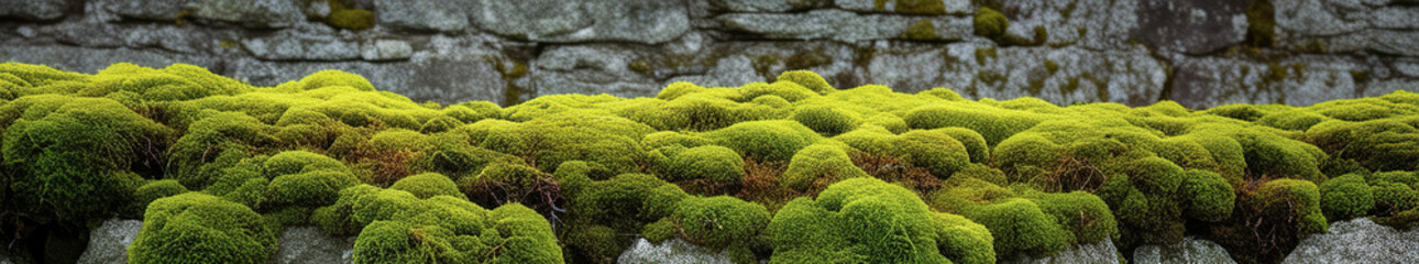 Green moss on a stone wall, Beautiful green moss on the wall, Lush green moss growing on a rock wall