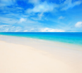 Hawaii, beach and sea for vacation, holiday and travel in summer at Lanikai. Ocean, water or sand on coast with blue sky, nature or clouds on horizon with calm waves on mockup space on land in Kailua