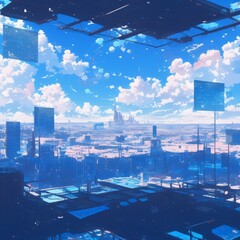 Fototapeta premium Landscape of Progress: A Server Farm Spans the Vista Under a Sky Full of Digital Clouds, Emblematic of High-Tech Data Center Clusters Across a Vast Panorama
