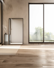 Fototapeta premium Room interiors with a mirror next to a large window filling the room with lighting in beige warm colors. Stylish residential interiors composition with copy space.