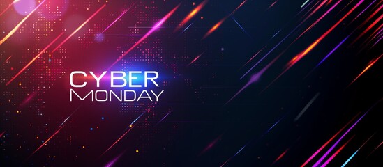 Vibrant Cyber Monday promotional banner featuring neon lights and dynamic streaks on a dark background, emphasizing the online shopping event