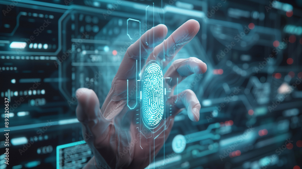 Poster digital data protection with fingerprint authentication futuristic cyber security technology