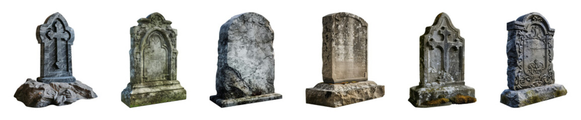 Collection of tombstones or gravestones isolated on a transparent background, cut out, PNG