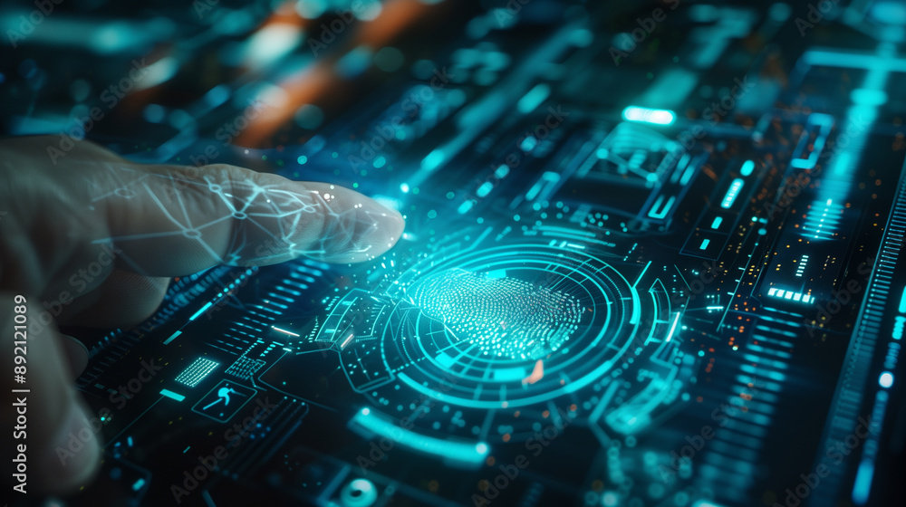 Poster digital data protection with fingerprint authentication futuristic cyber security technology