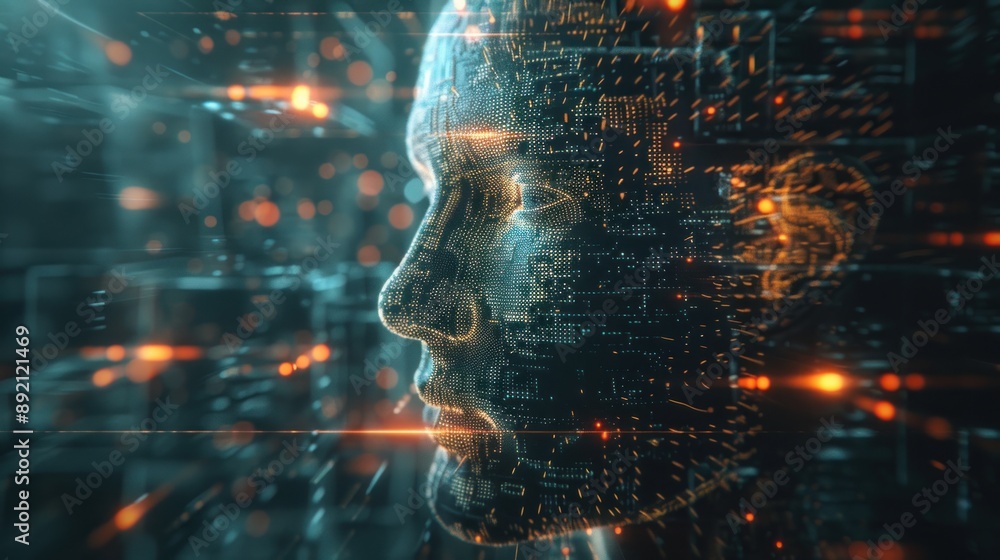 Poster abstract digital computer of a human head brain with a green background